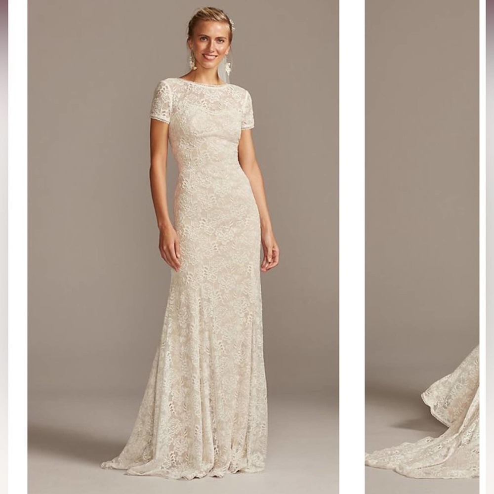 Melissa Sweet NEW MWT Short Sleeve Low Scoop Back Cream Lace Wedding Dress 4